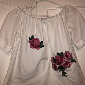 Off the Shoulder White Embroidered Rose Top